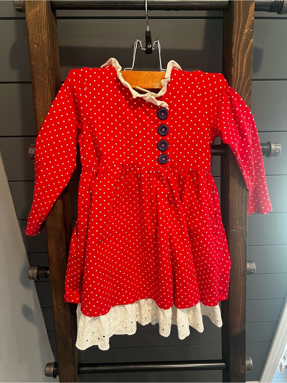 Wildflowers Red Polka Dot Long-Sleeve Dress with Cream Eyelet Trim